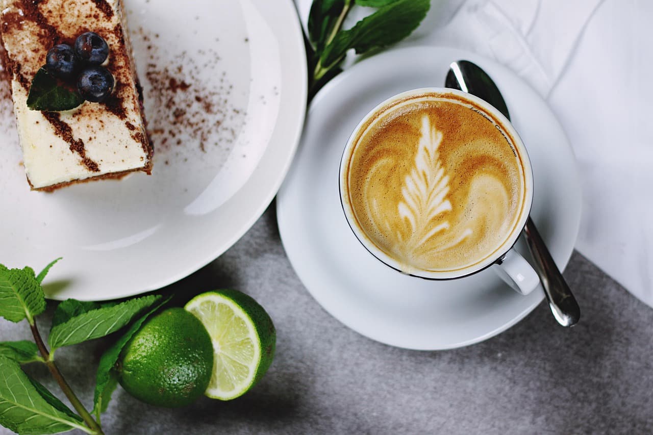 Latte with leaf latte art, from above